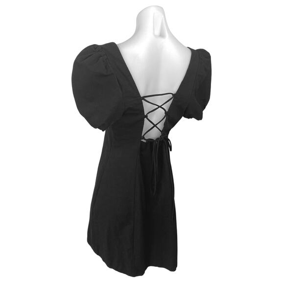Zara Black Short Puff Sleeve Lace Up Back Square Neck Mini A Line Dress Size XL - Picture 2 of 3